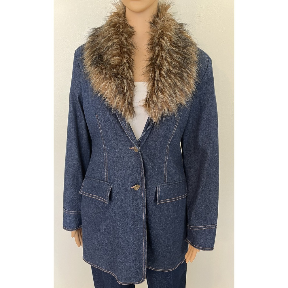 Vintage 80s Terry Lewis Denim Faux Trim Button Up Womens Blazer Jacket Size S - Picture 2 of 11